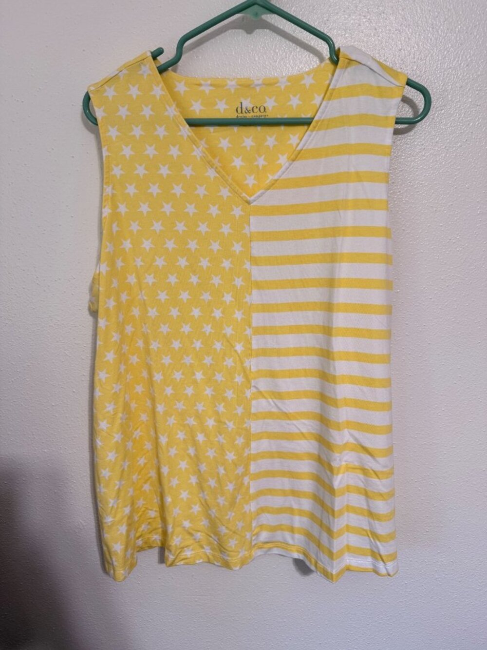 Denim & Co. Tank Top Yellow White Stars & Stripes V Neck Womans 1X